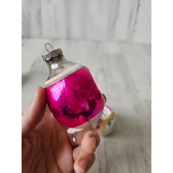 Radko shiny Brite double pink indent teardrop flocked Mercury glass ornament set - Picture 7 of 16